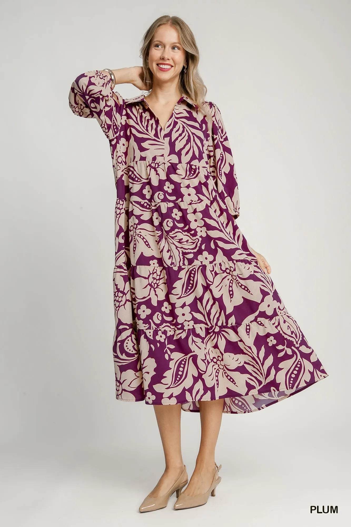 Umgee Floral Print Tiered Midi Dress - Rosa Apparel