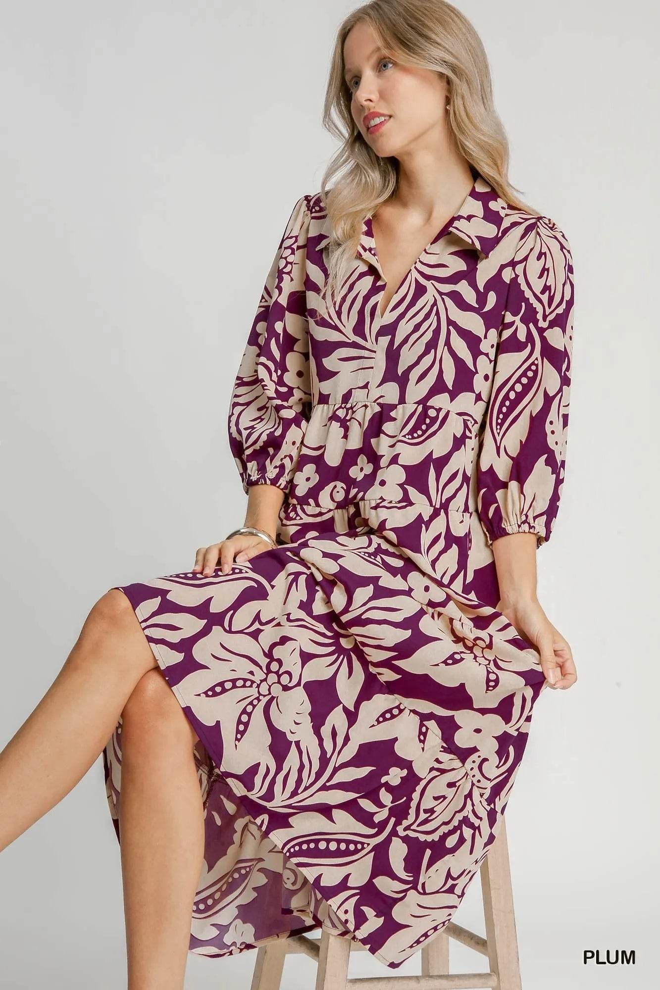Umgee Floral Print Tiered Midi Dress - Rosa Apparel