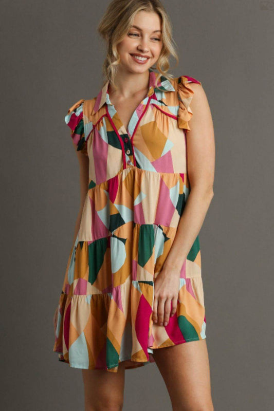 Umgee Full Size Button Detail Ruffle Sleeve Mini Dress Plus Size - Rosa Apparel