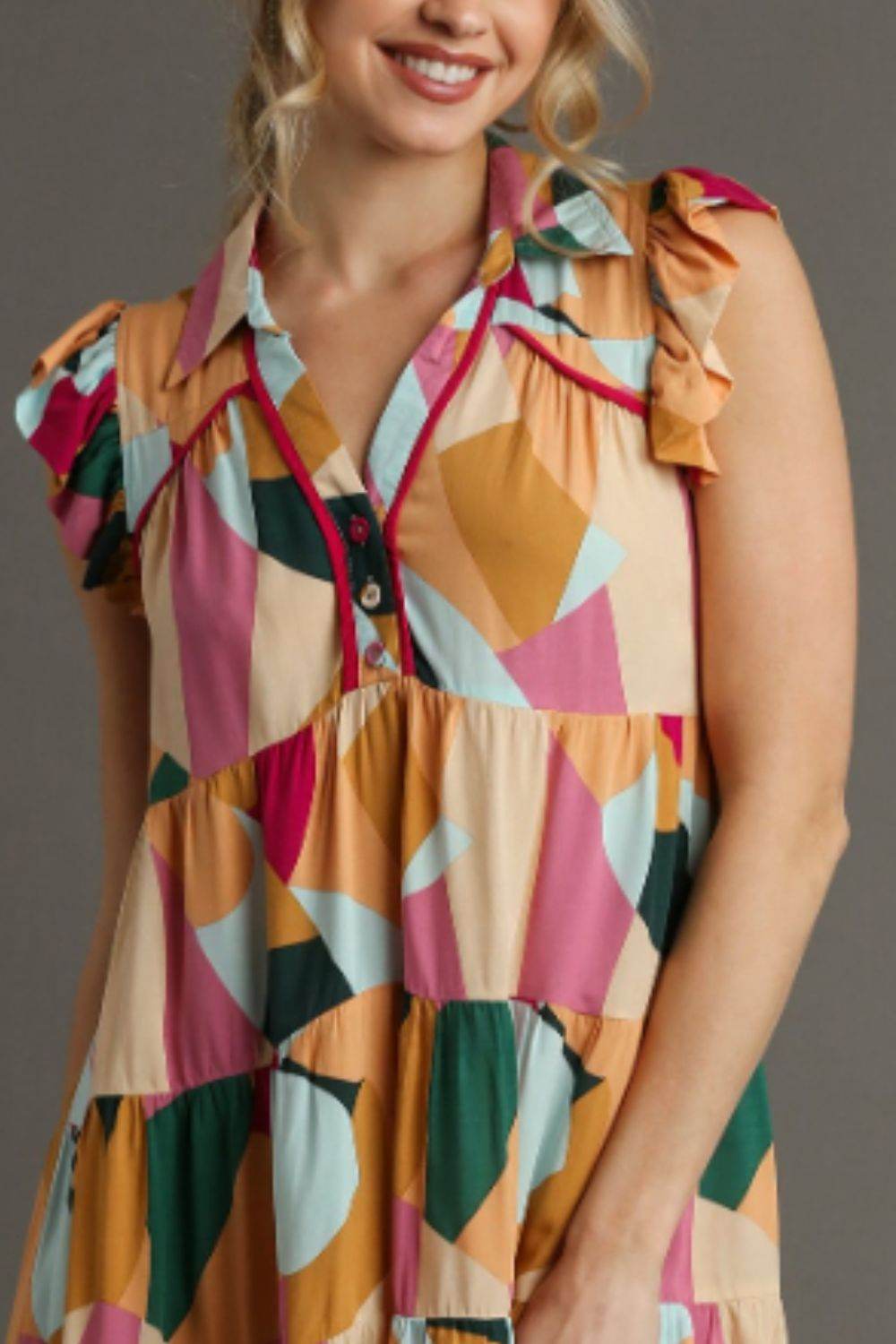 Umgee Full Size Button Detail Ruffle Sleeve Mini Dress Plus Size - Rosa Apparel