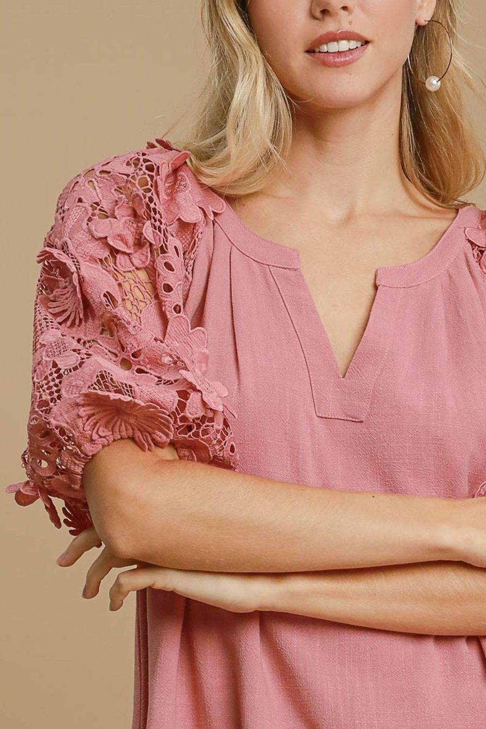 Umgee Full Size French Terry Boxy Cut Top with 3D Floral Sleeve Plus Size - Rosa Apparel