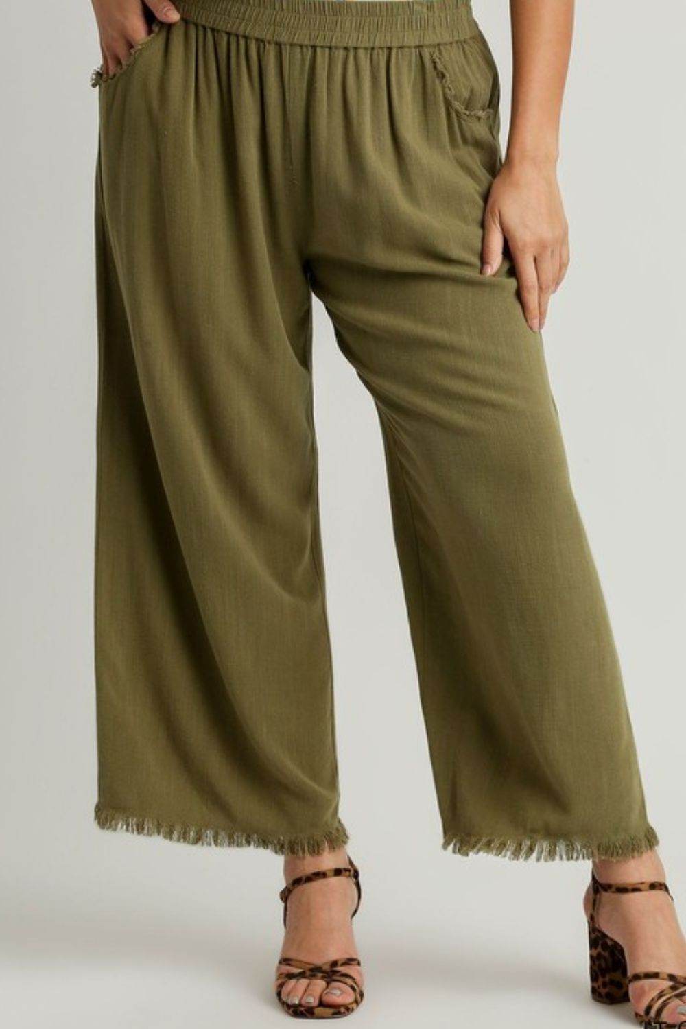 Umgee Full Size Linen Blend Elastic Waistband Wide Leg Pants Plus Size - Rosa Apparel