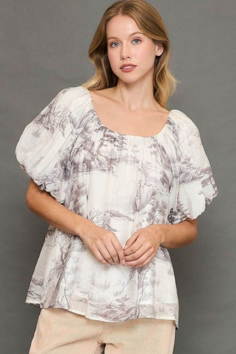 Umgee Full Size Two Tone Toile Print Top Plus Size - Rosa Apparel