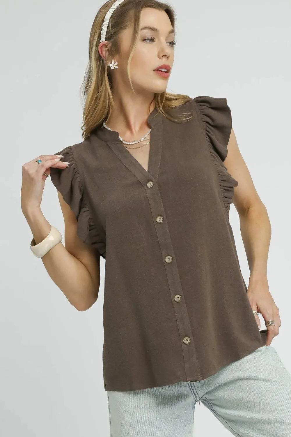 Umgee Linen Ruffle Sleeve Button-Down Shirt - Rosa Apparel