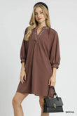 Umgee Notched Shift Dress with Trim Detail - Rosa Apparel