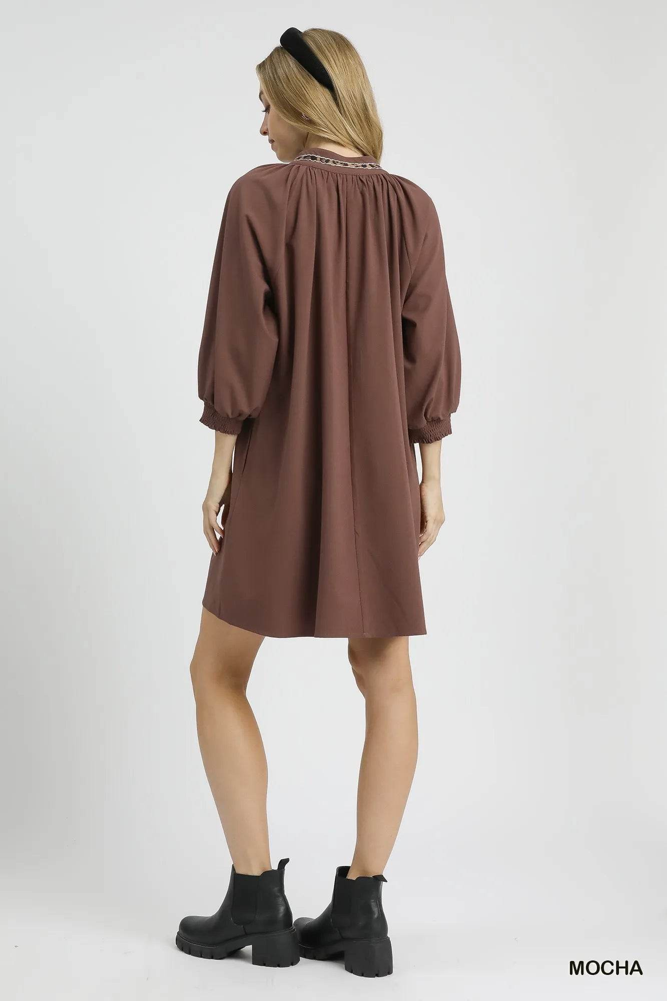 Umgee Notched Shift Dress with Trim Detail - Rosa Apparel