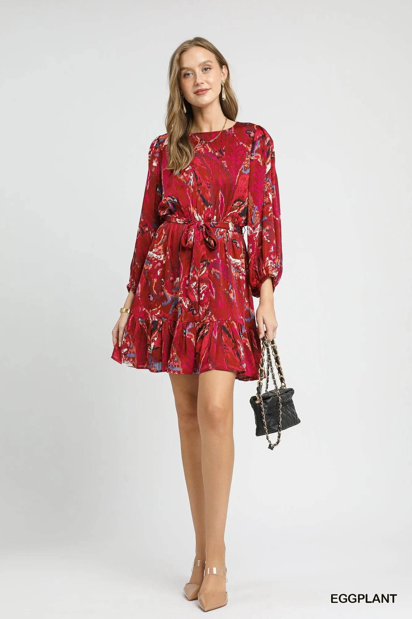Umgee Ruffled Hem Printed Balloon Sleeve Dress - Rosa Apparel
