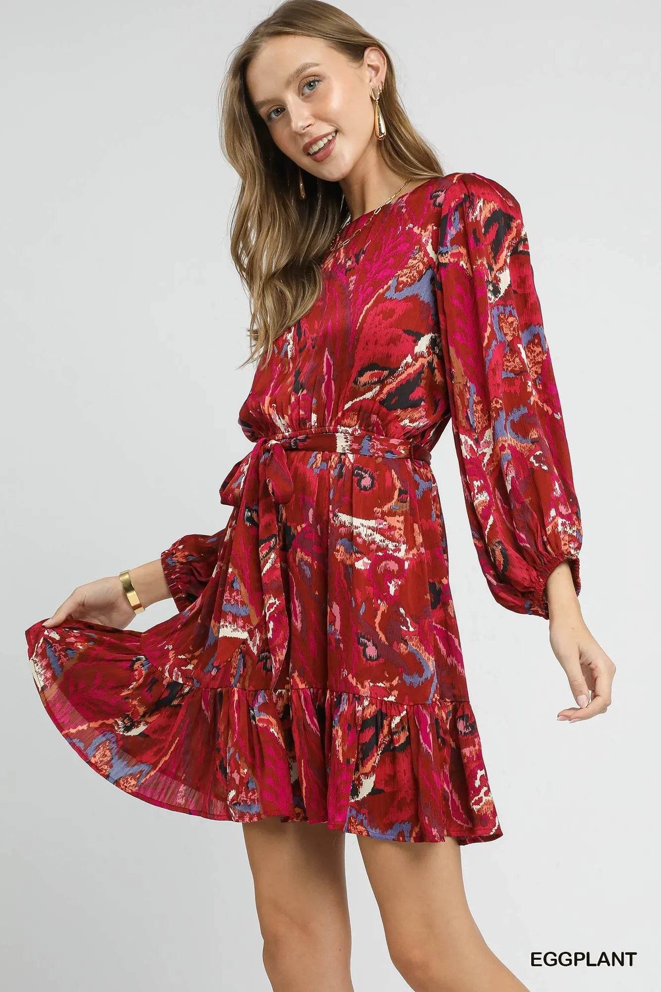 Umgee Ruffled Hem Printed Balloon Sleeve Dress - Rosa Apparel