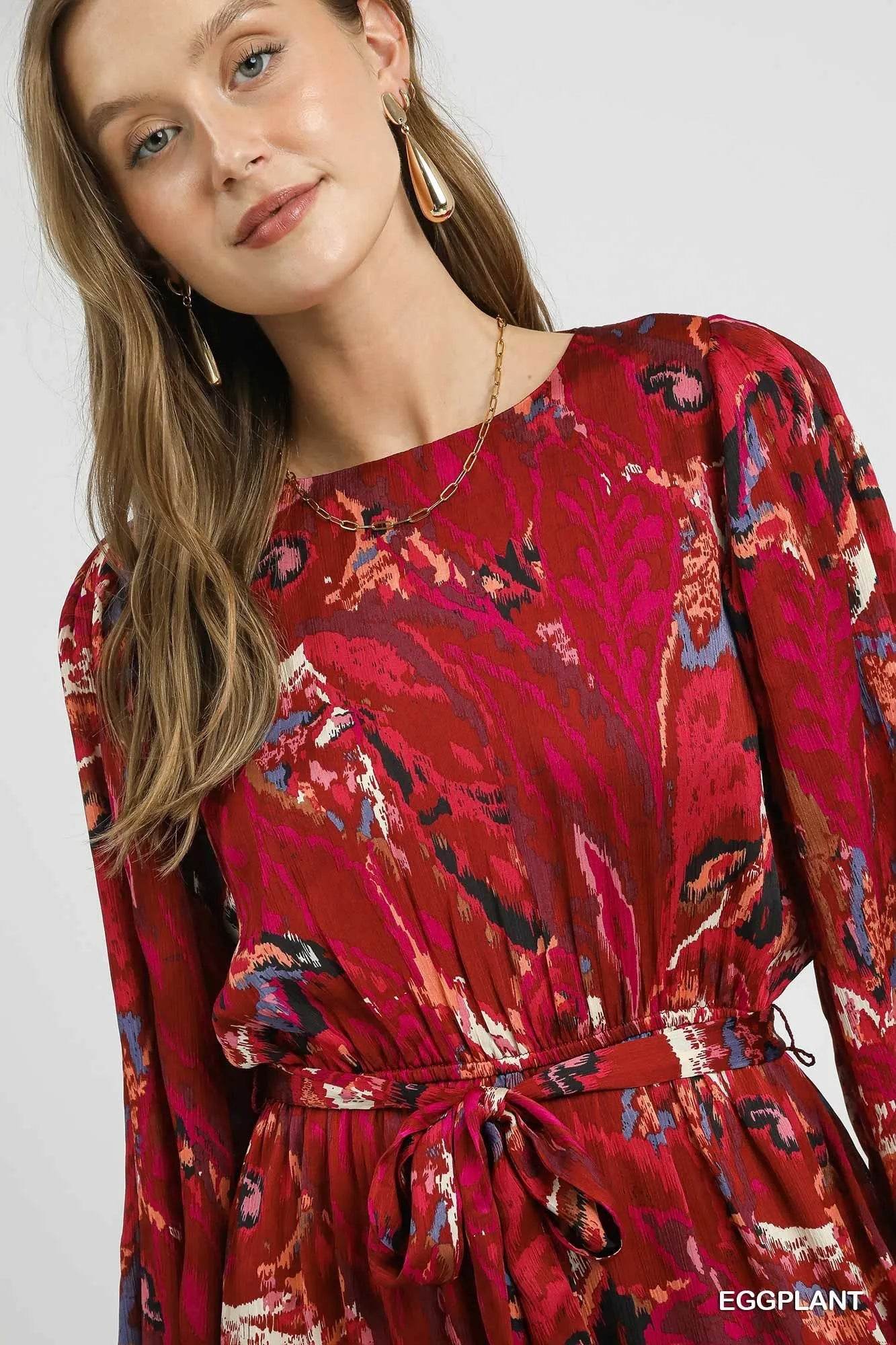 Umgee Ruffled Hem Printed Balloon Sleeve Dress - Rosa Apparel
