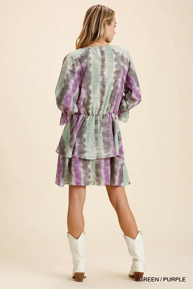 Umgee Tie Dye Ruffled Layered Dress with Elastic Waistband - Rosa Apparel