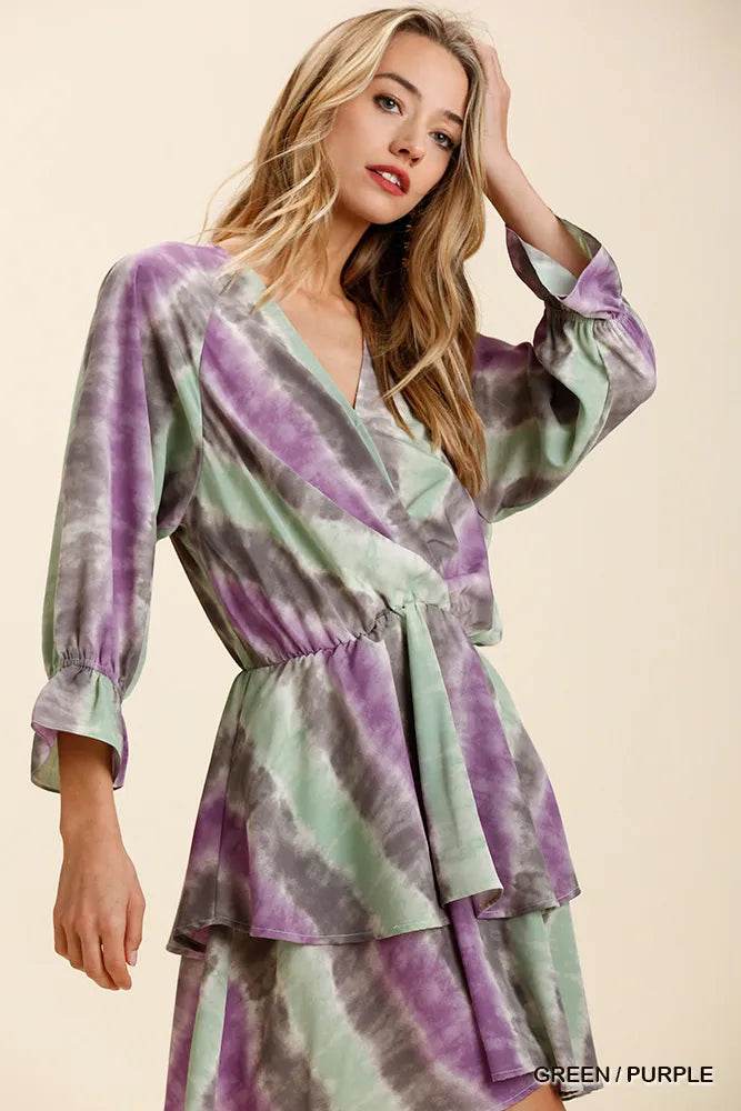 Umgee Tie Dye Ruffled Layered Dress with Elastic Waistband - Rosa Apparel