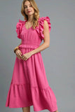Umgee V-Neck Ruffled Cap Sleeve Midi Dress - Rosa Apparel