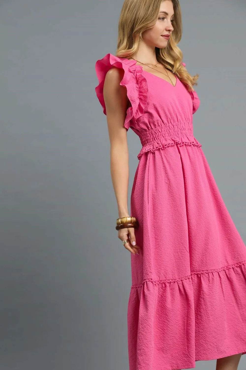 Umgee V-Neck Ruffled Cap Sleeve Midi Dress - Rosa Apparel
