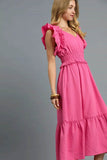Umgee V-Neck Ruffled Cap Sleeve Midi Dress - Rosa Apparel