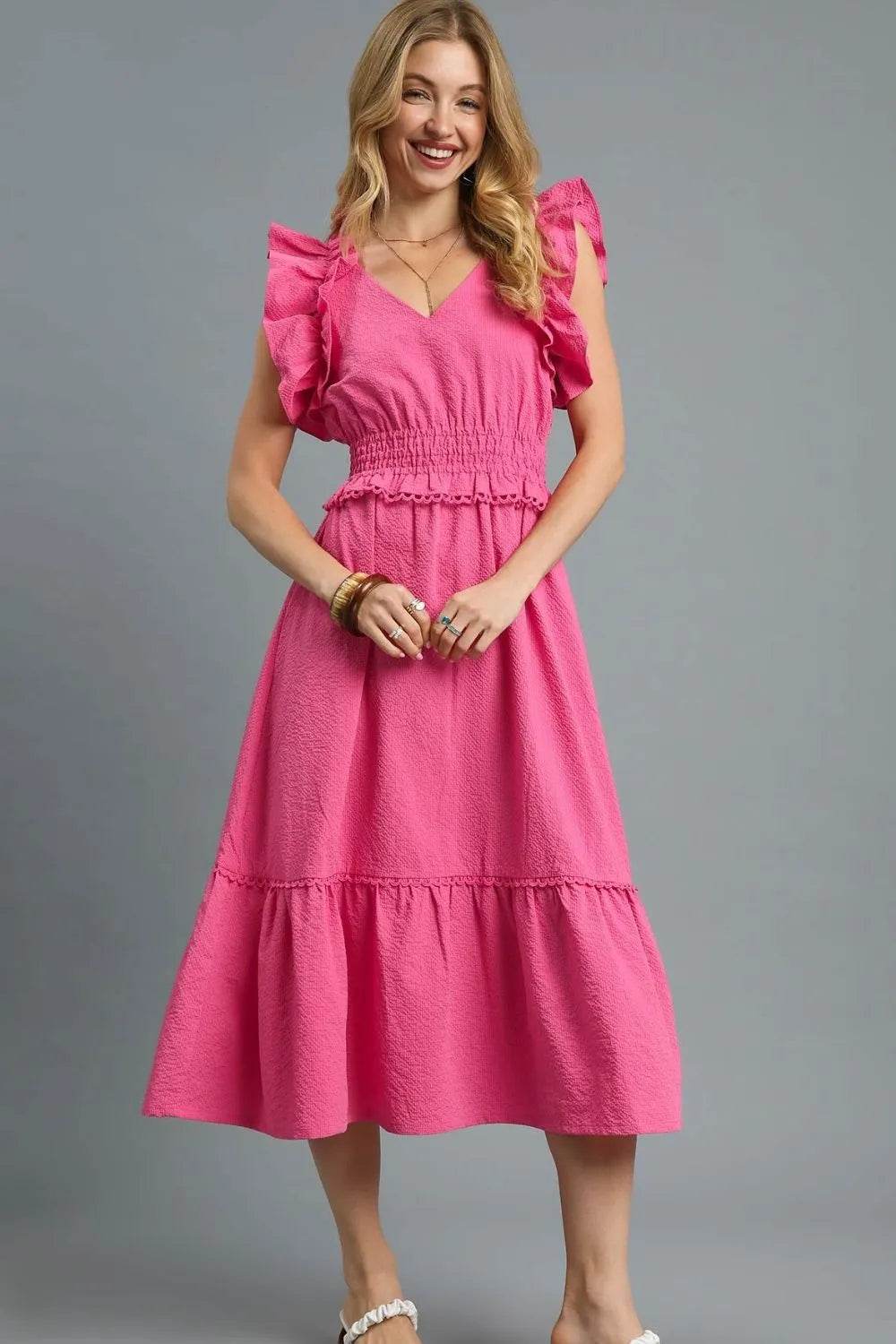 Umgee V-Neck Ruffled Cap Sleeve Midi Dress - Rosa Apparel