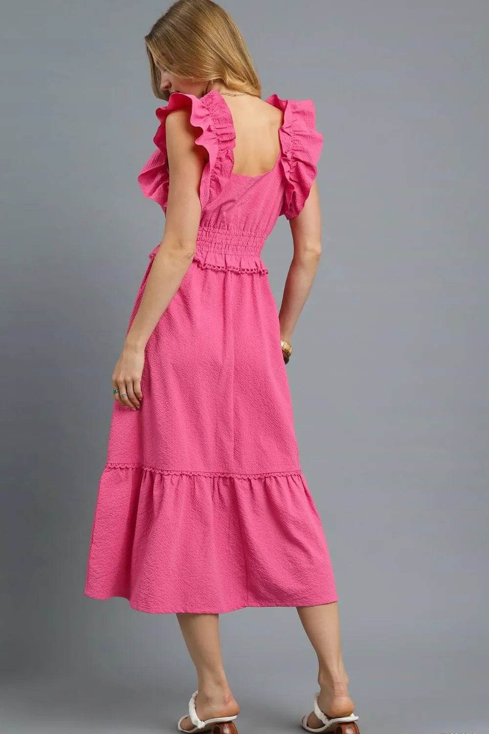 Umgee V-Neck Ruffled Cap Sleeve Midi Dress - Rosa Apparel