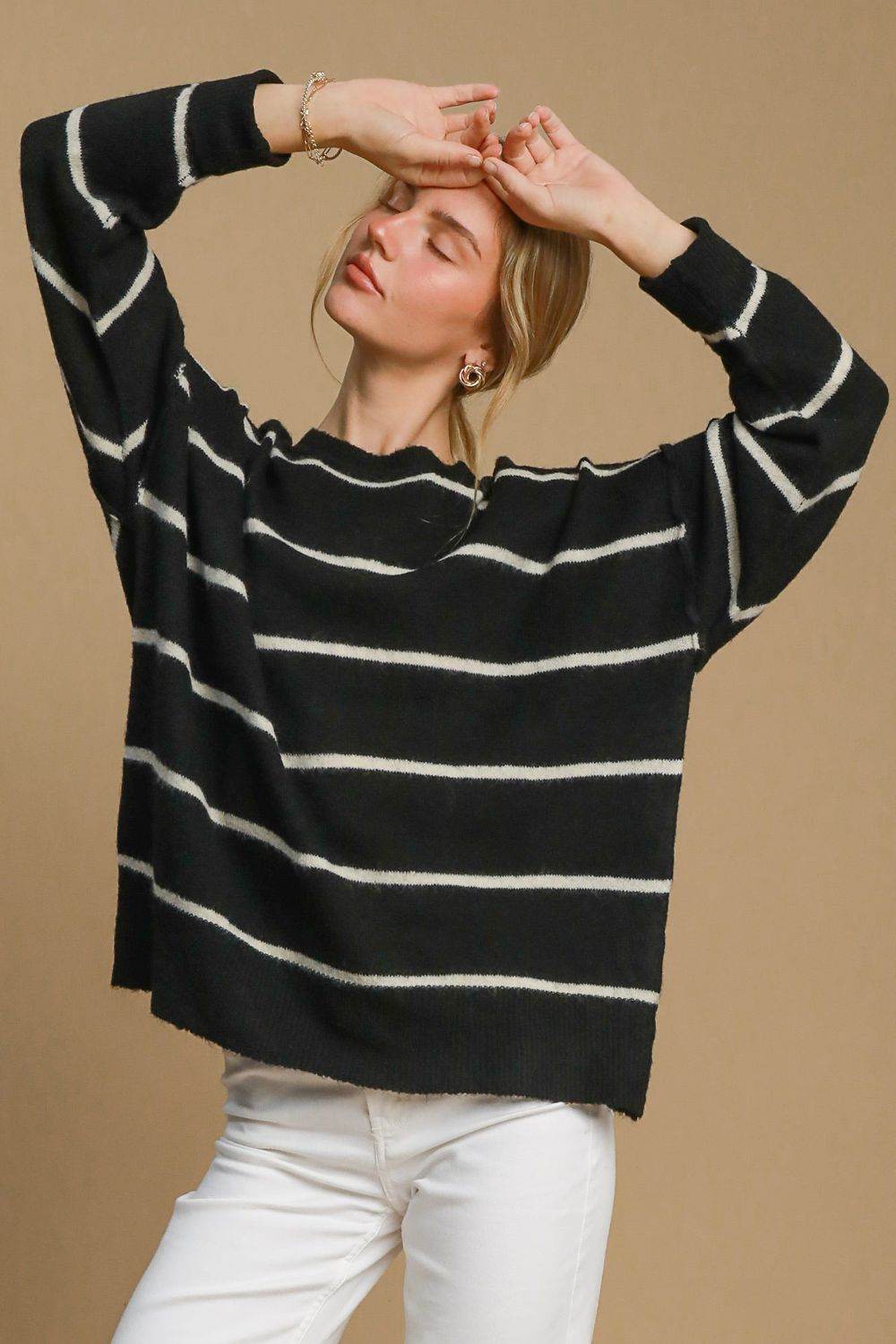 Umgee Wool Blend Striped Round Neck Sweater - Rosa Apparel