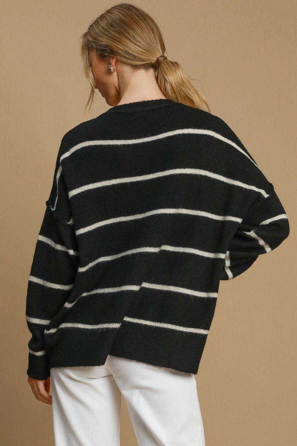 Umgee Wool Blend Striped Round Neck Sweater - Rosa Apparel