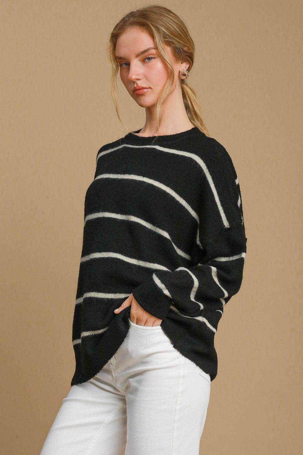 Umgee Wool Blend Striped Round Neck Sweater - Rosa Apparel