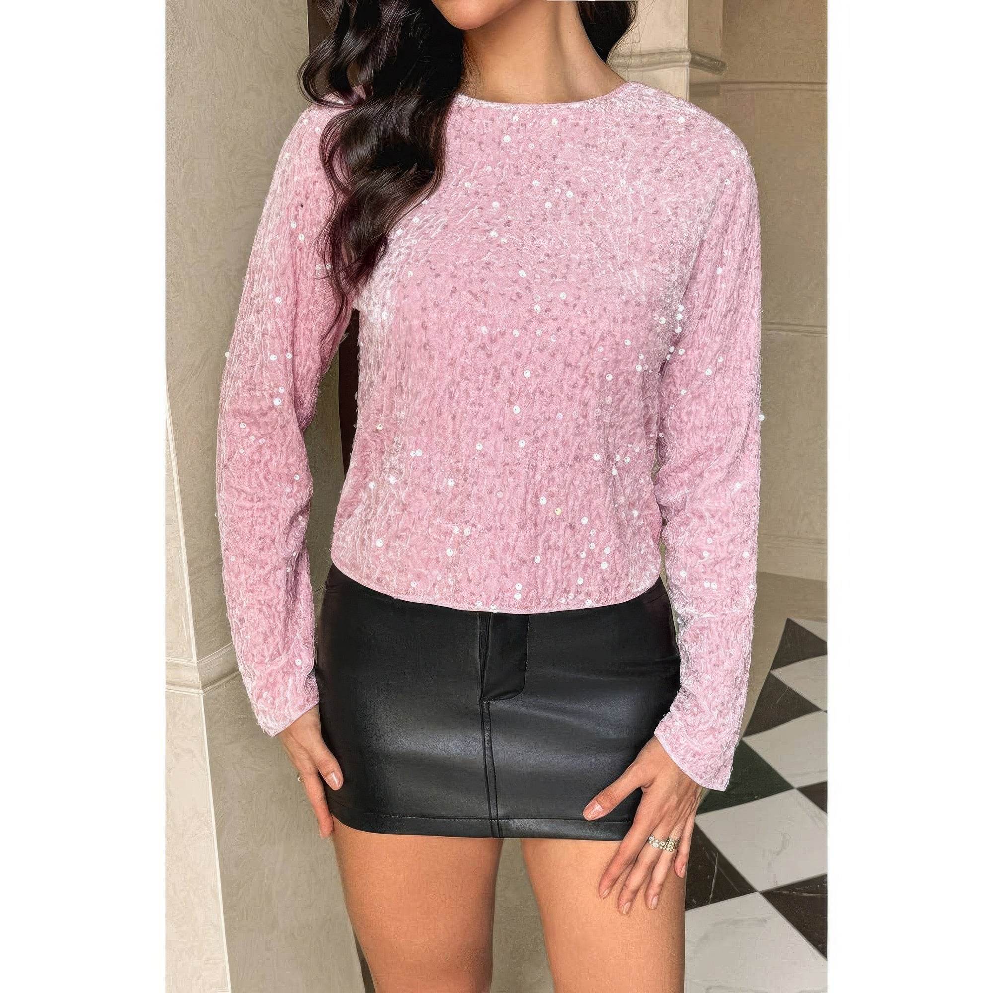 V-Neck Sparkly Bolero Cropped Front Tie Blouse - Rosa Apparel