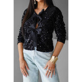 V-Neck Sparkly Bolero Cropped Front Tie Blouse - Rosa Apparel