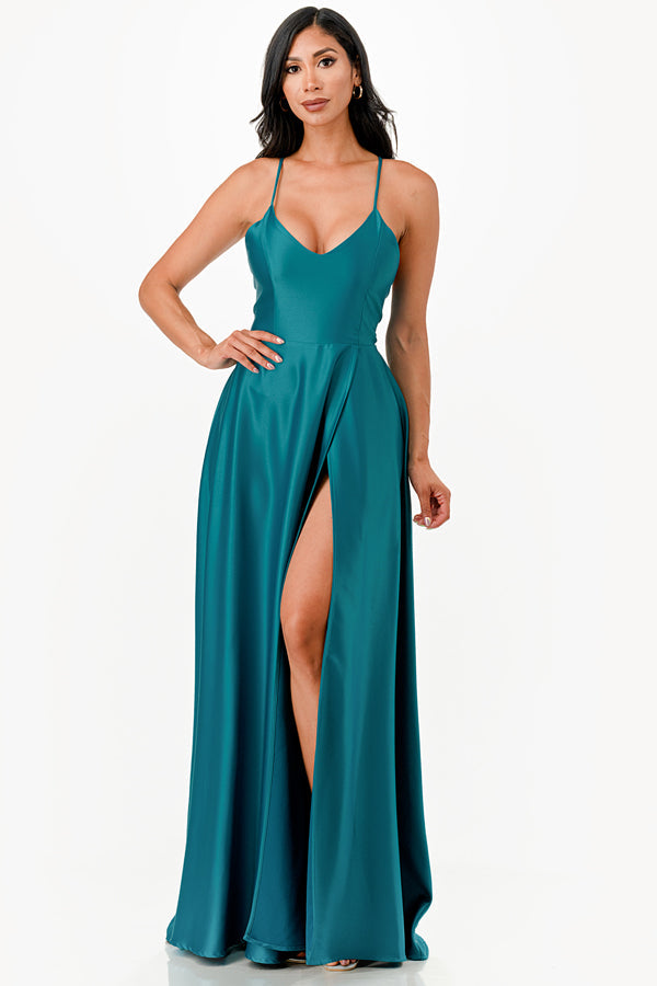 LA Scala Open Side & Back Stretch Satin Evening Gown with Zig Zag Tie 25895