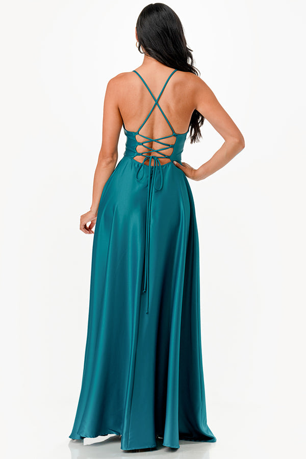 LA Scala Open Side & Back Stretch Satin Evening Gown with Zig Zag Tie 25895