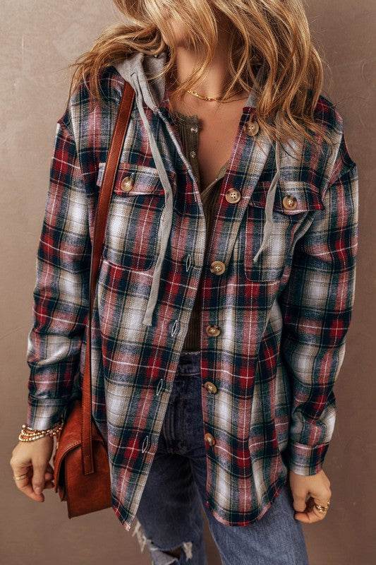 Women’s Plaid Print Chest Hooded Shacket Jacket – Rosa Apparel - Rosa Apparel