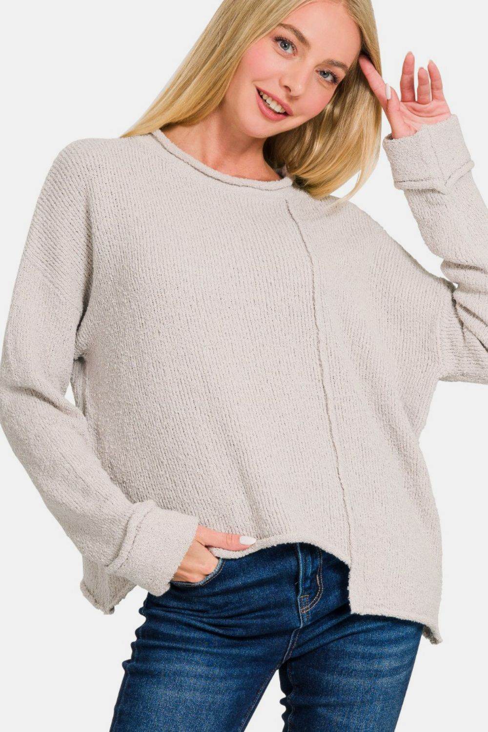 Zenana Asymmetric Hem Drop Shoulder Sweater - Rosa Apparel