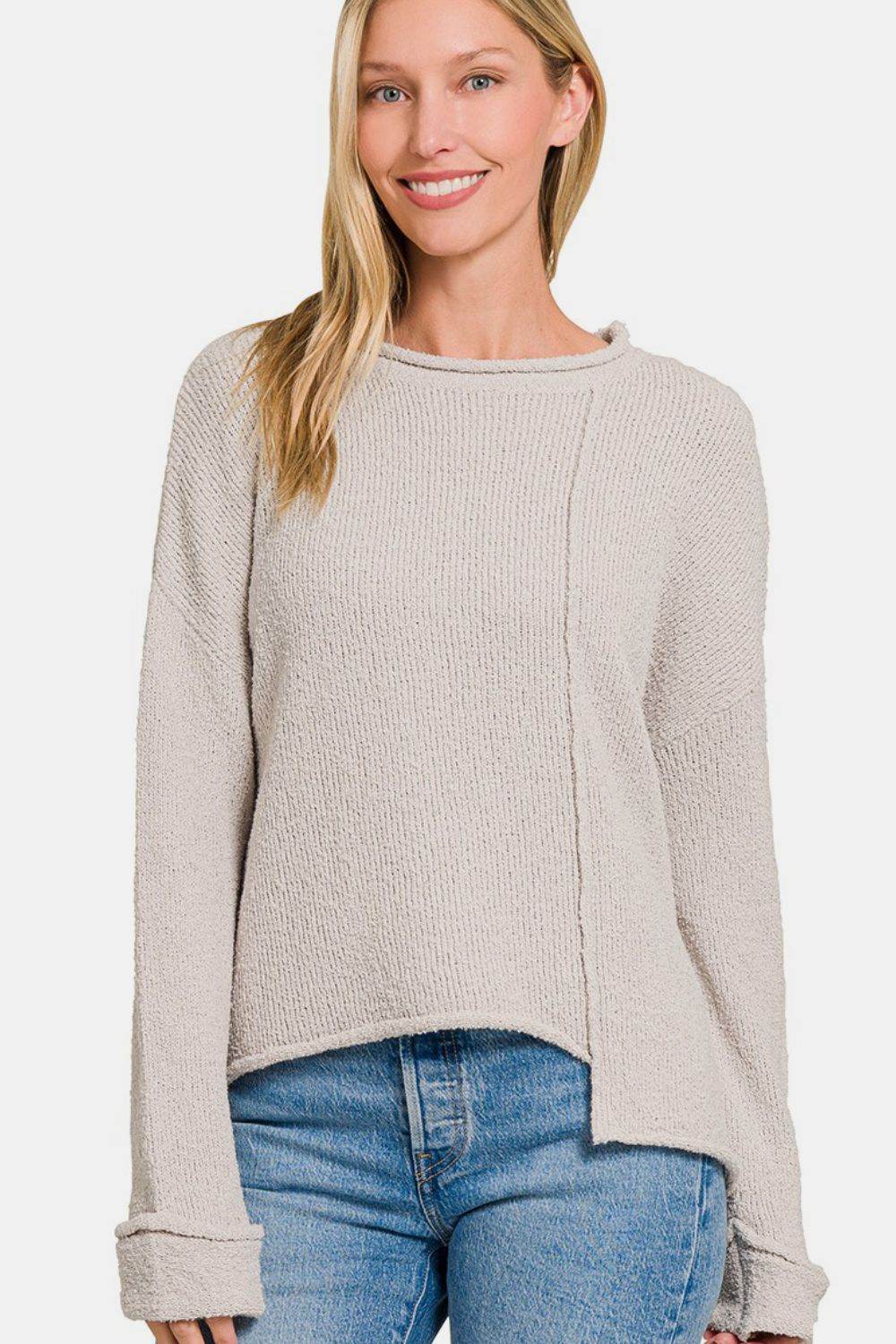 Zenana Asymmetric Hem Drop Shoulder Sweater - Rosa Apparel