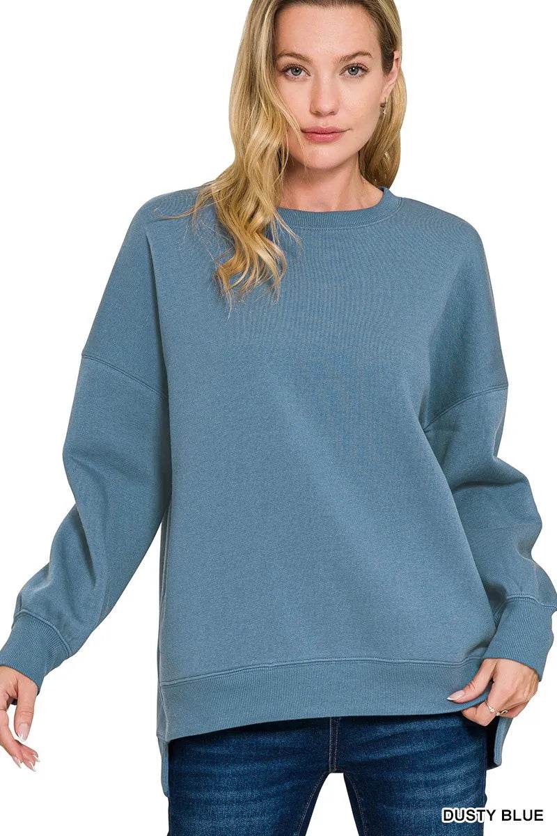 Zenana Dusty Blue Fleece Hi-Low Boyfriend Sweatshirt with Pocket - Rosa Apparel