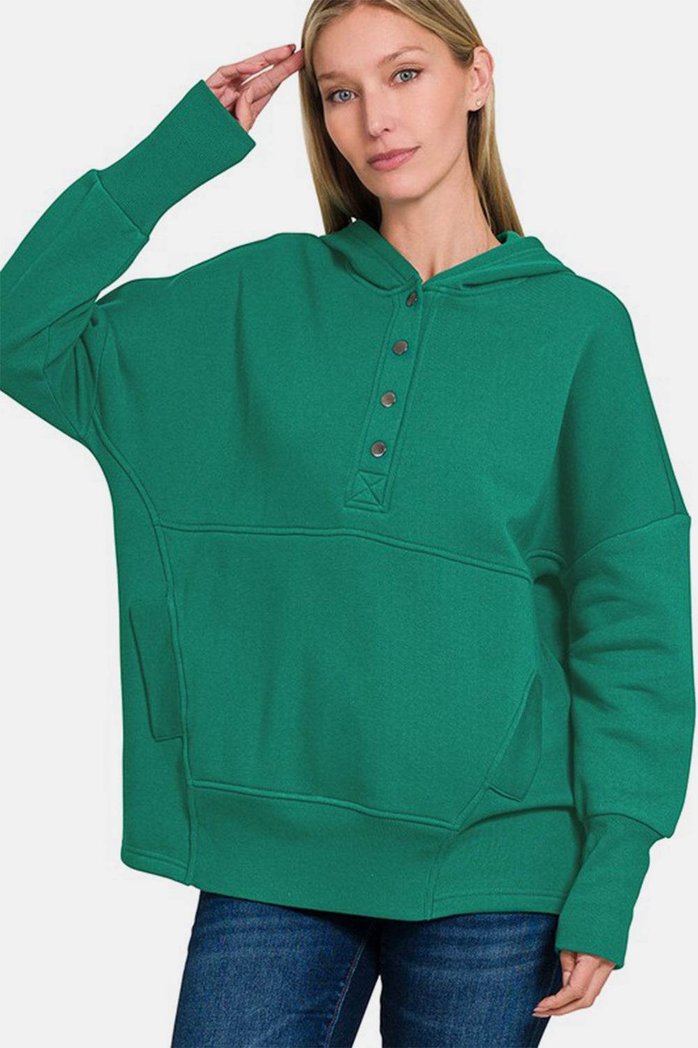 Zenana Half Snap Long Sleeve Hoodie with Kangaroo Pocket - Rosa Apparel