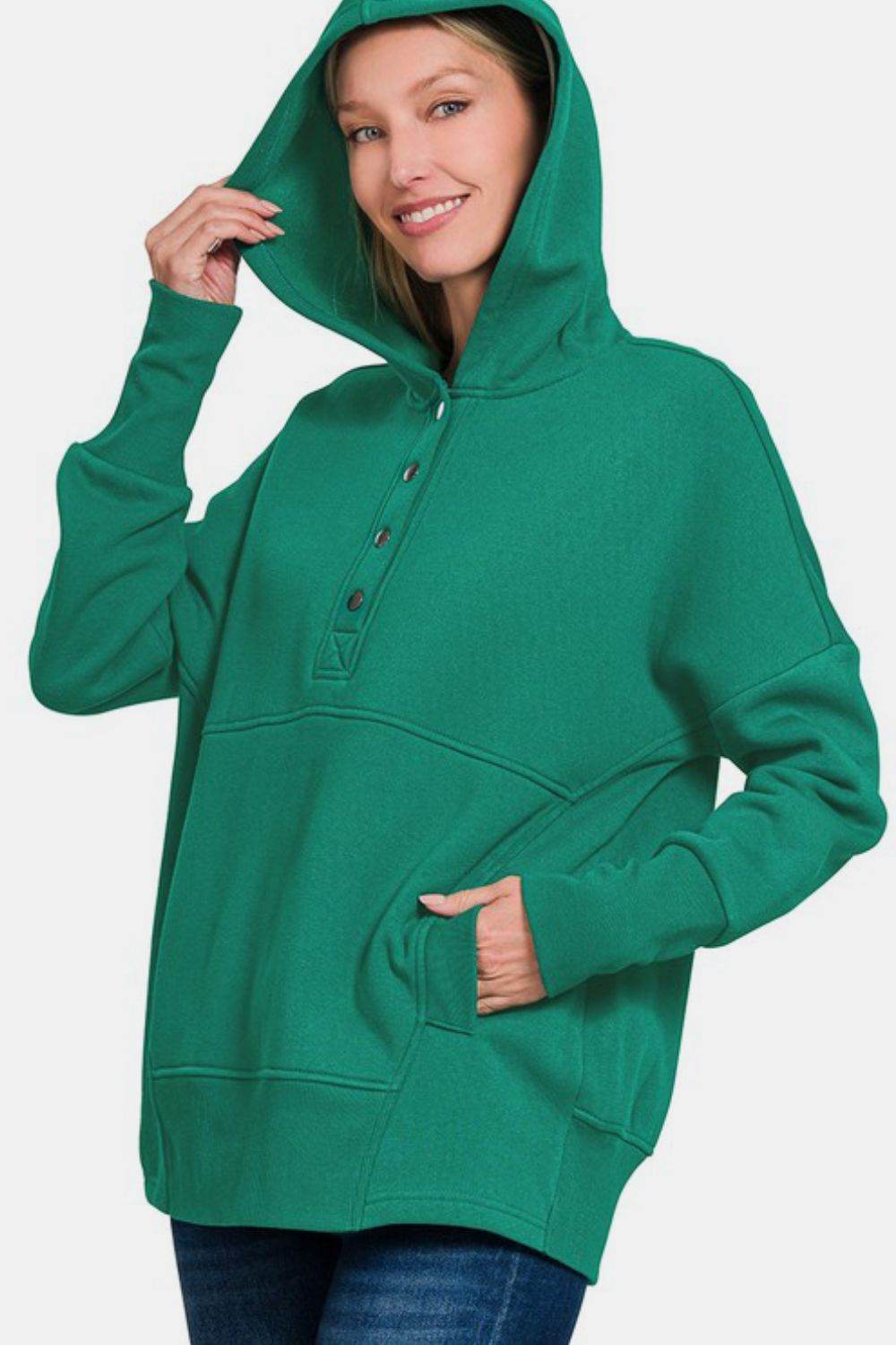 Zenana Half Snap Long Sleeve Hoodie with Kangaroo Pocket - Rosa Apparel