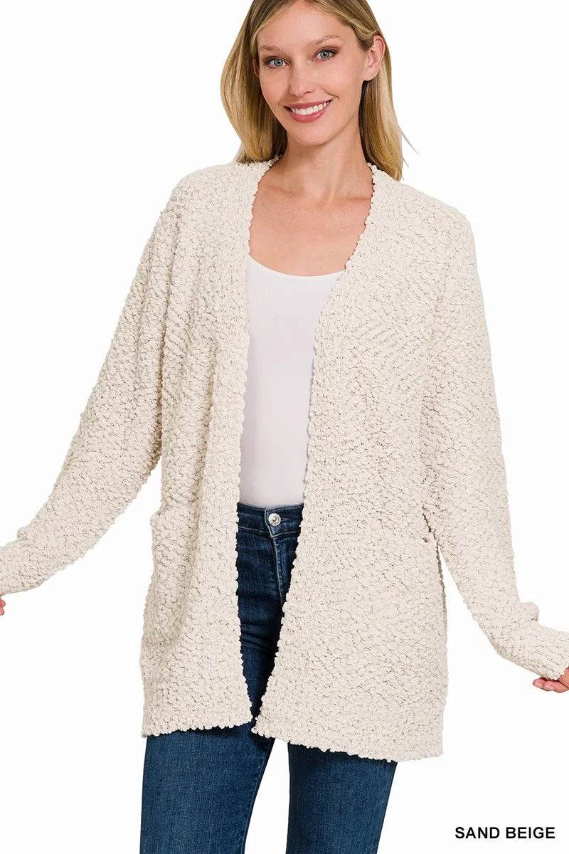 Zenana Long Sleeve Popcorn Sweater Cardigan with Pockets - Rosa Apparel
