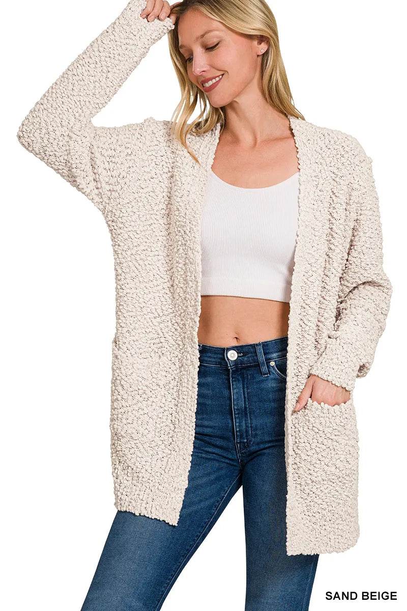 Zenana Long Sleeve Popcorn Sweater Cardigan with Pockets - Rosa Apparel