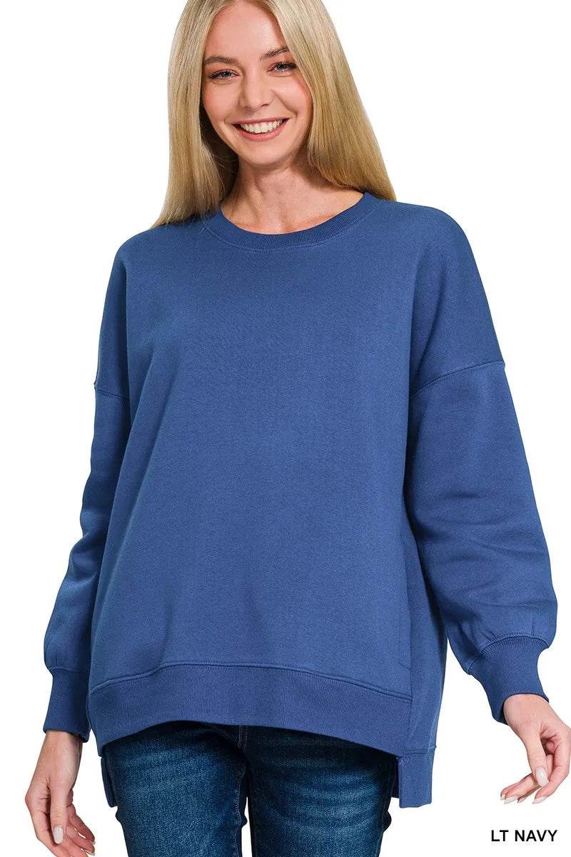 Zenana Navy Fleece Hi-Low Boyfriend Sweatshirt with Pockets – Casual Style - Rosa Apparel