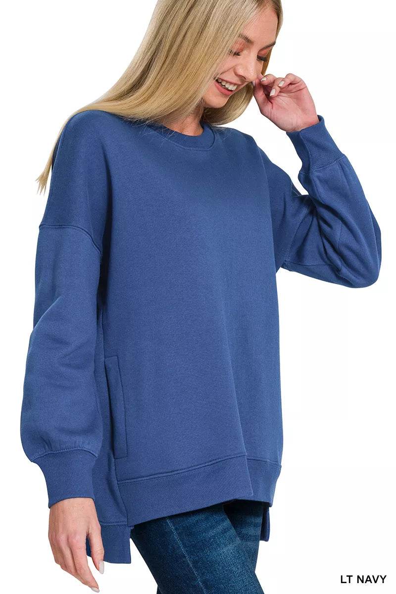 Zenana Navy Fleece Hi-Low Boyfriend Sweatshirt with Pockets – Casual Style - Rosa Apparel