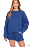 Zenana Navy Fleece Round Neck Sweatshirt and Shorts Set - Rosa Apparel