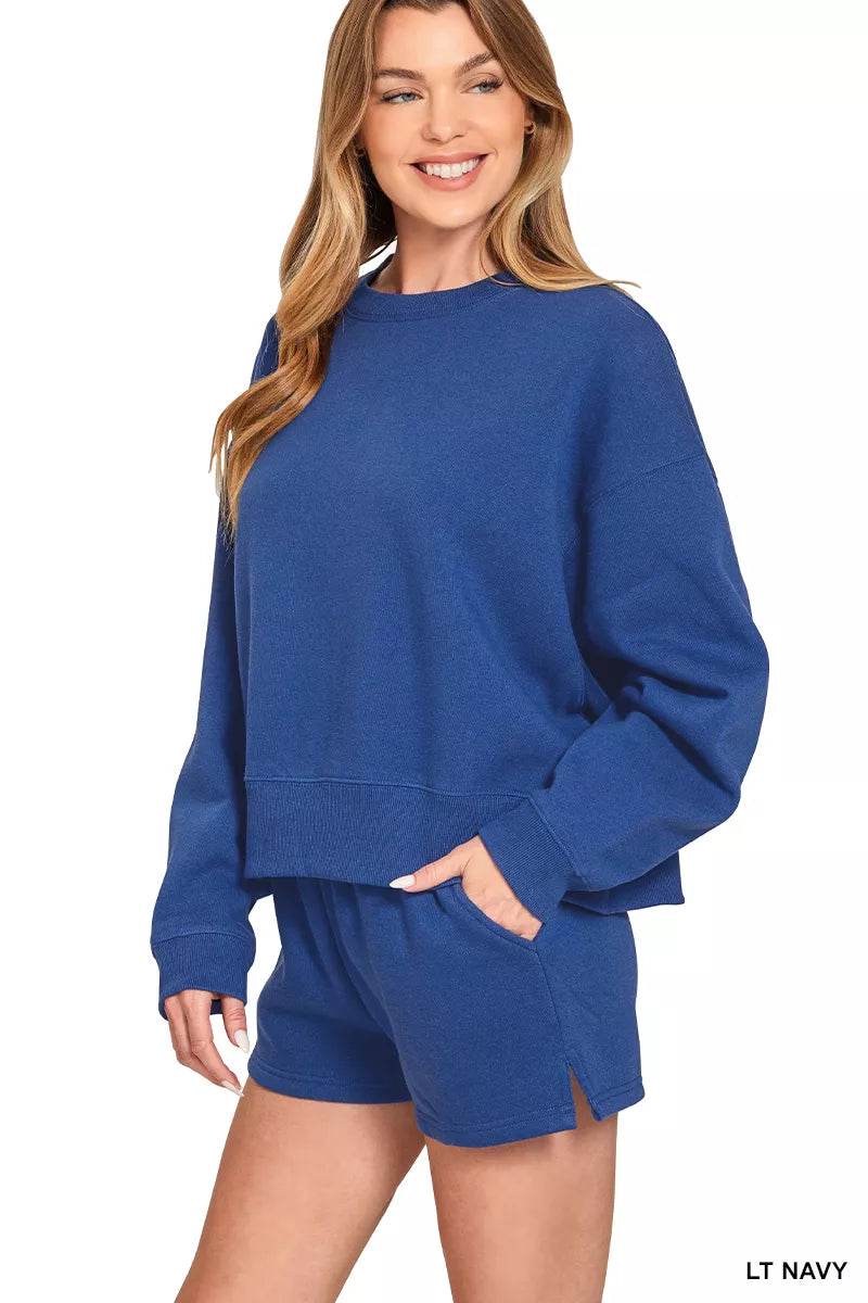 Zenana Navy Fleece Round Neck Sweatshirt and Shorts Set - Rosa Apparel