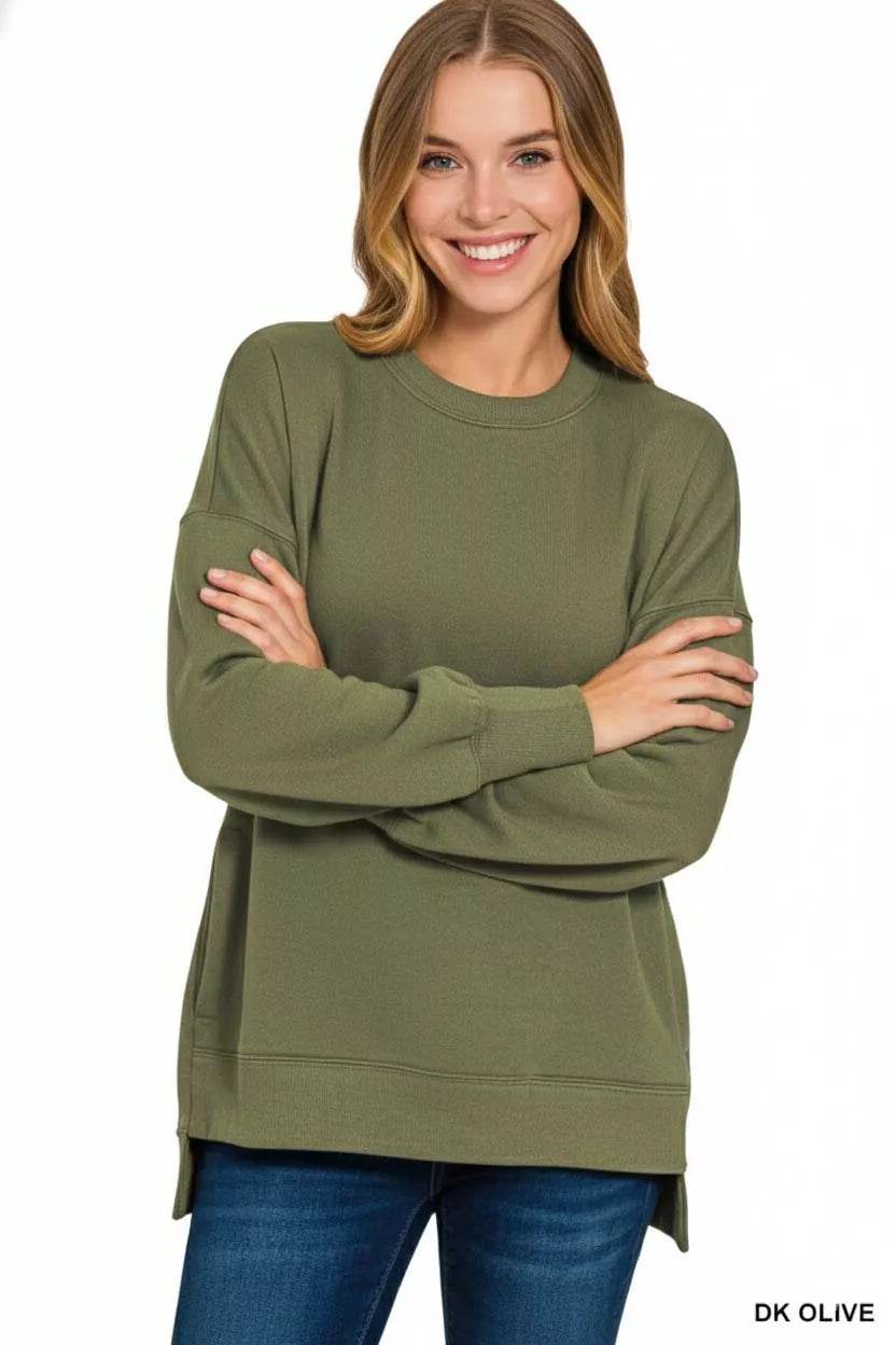 Zenana Olive Fleece Hi-Low Boyfriend Sweatshirt with Pocket - Rosa Apparel