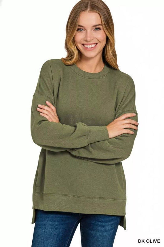 Zenana Olive Fleece Hi-Low Boyfriend Sweatshirt with Pocket - Rosa Apparel