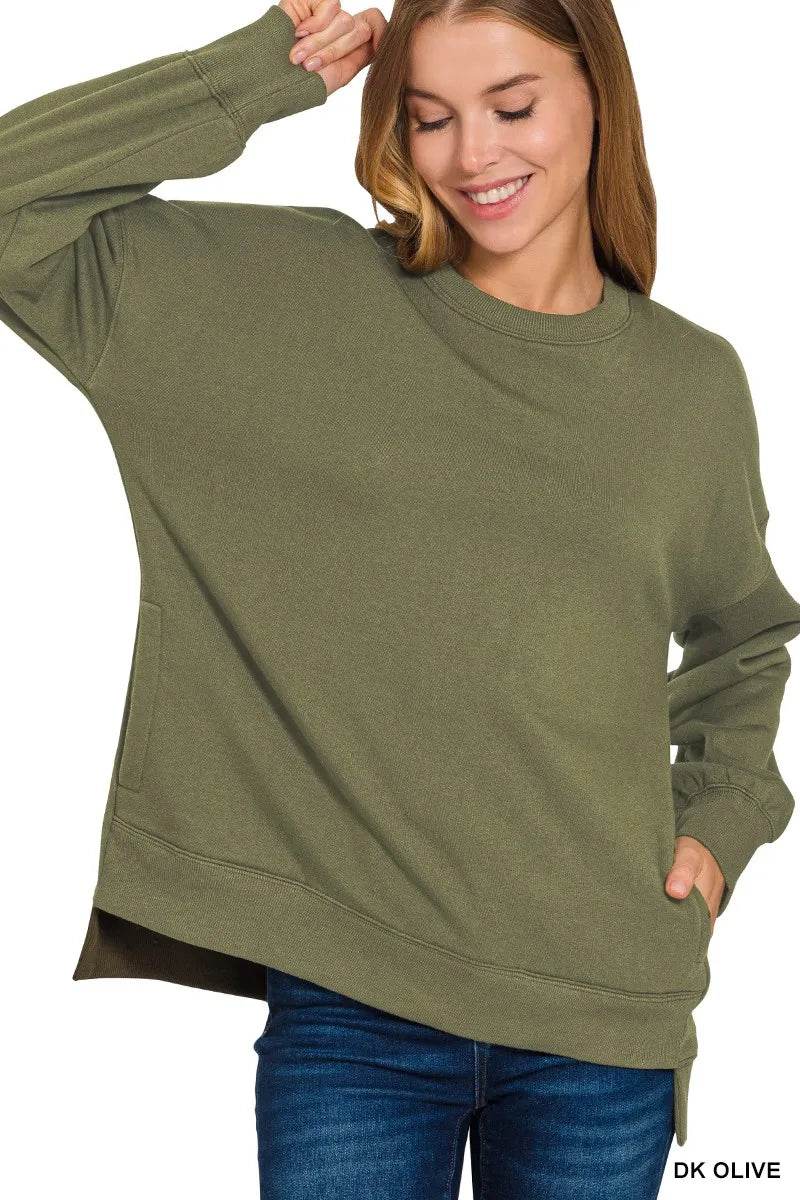 Zenana Olive Fleece Hi-Low Boyfriend Sweatshirt with Pocket - Rosa Apparel