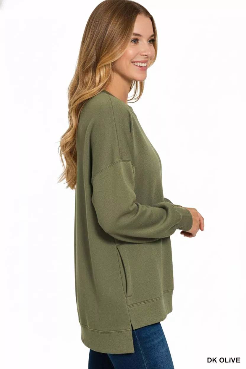 Zenana Olive Fleece Hi-Low Boyfriend Sweatshirt with Pocket - Rosa Apparel