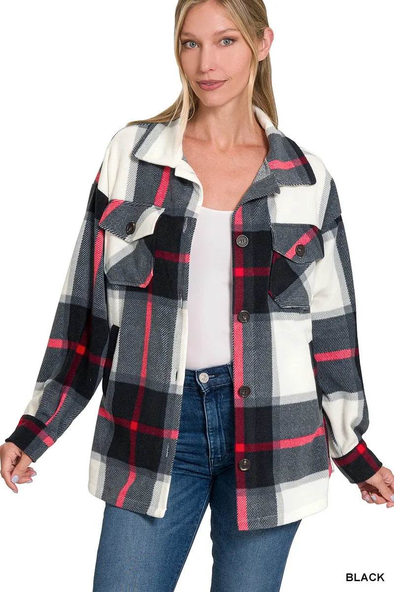 Zenana Oversized Plaid Fleece Black Shacket – Women’s Fall Jacket by Rosa Apparel - Rosa Apparel