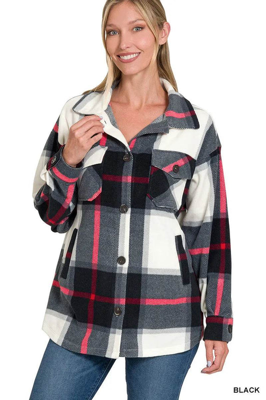 Zenana Oversized Plaid Fleece Black Shacket – Women’s Fall Jacket by Rosa Apparel - Rosa Apparel