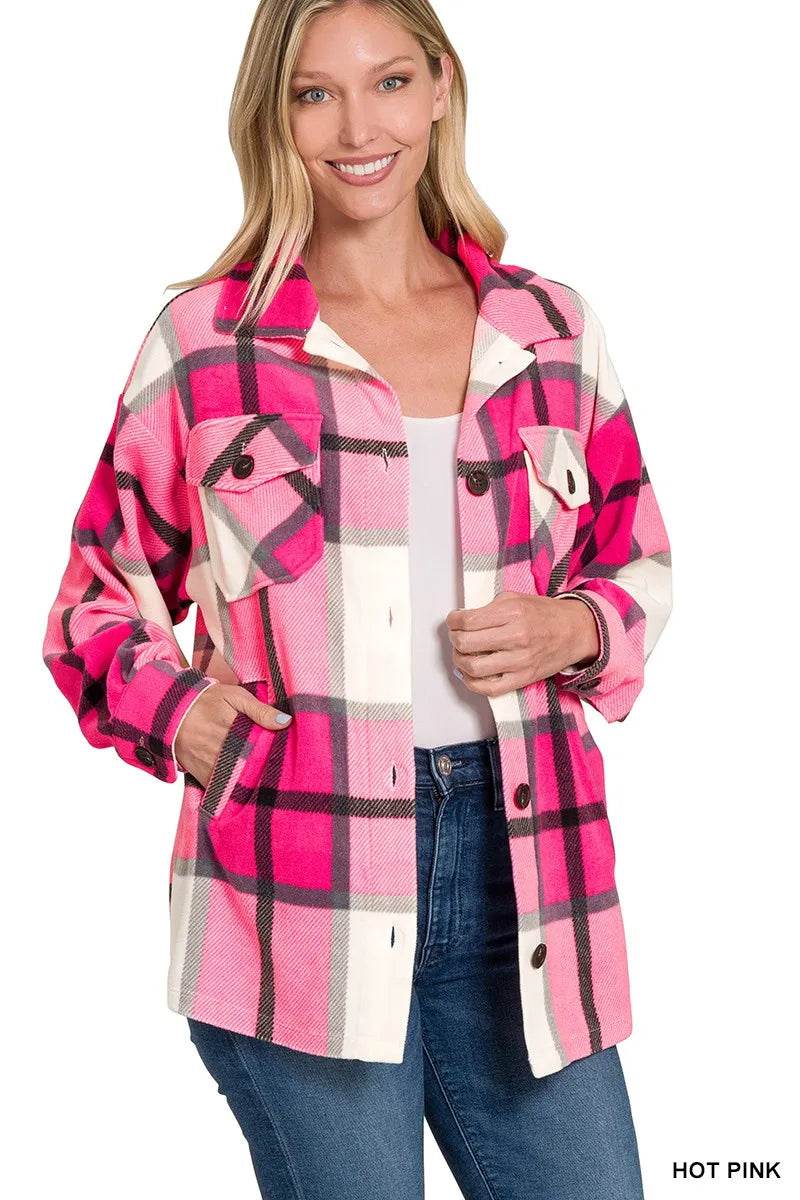 Zenana Oversized Plaid Fleece Hot Pink Shacket - Rosa Apparel