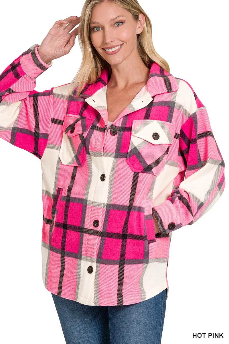 Zenana Oversized Plaid Fleece Hot Pink Shacket - Rosa Apparel