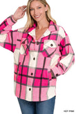 Zenana Oversized Plaid Fleece Hot Pink Shacket - Rosa Apparel