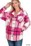 Zenana Oversized Plaid Fleece Hot Pink Shacket - Rosa Apparel