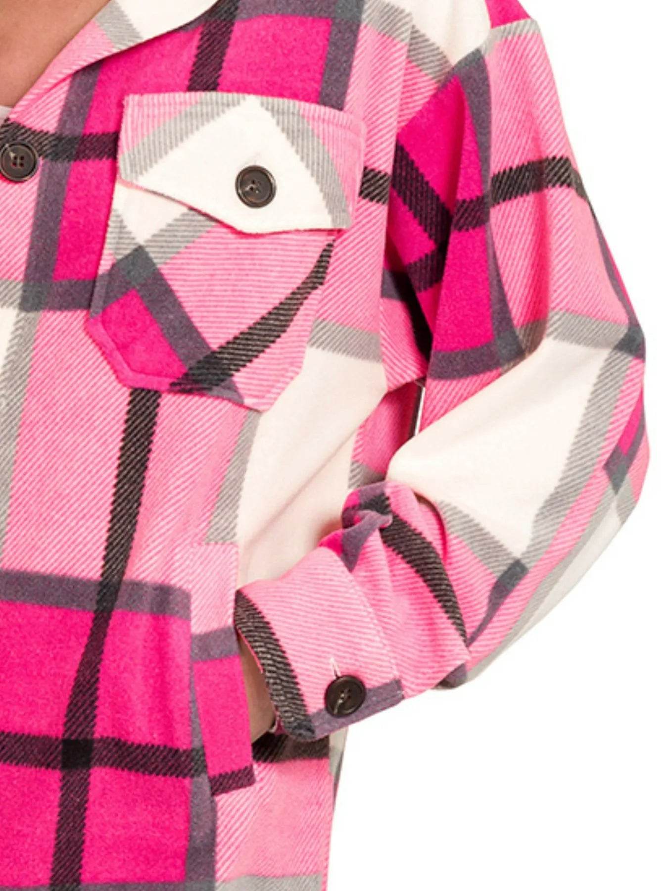 Zenana Oversized Plaid Fleece Hot Pink Shacket - Rosa Apparel